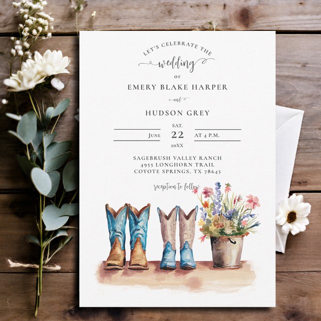 Convites Casamento Russo de Flores Selvagens-Cowboy Boots (country wedding invitation rustic western barn chic modern watercolor cowboy boots wildflowers)