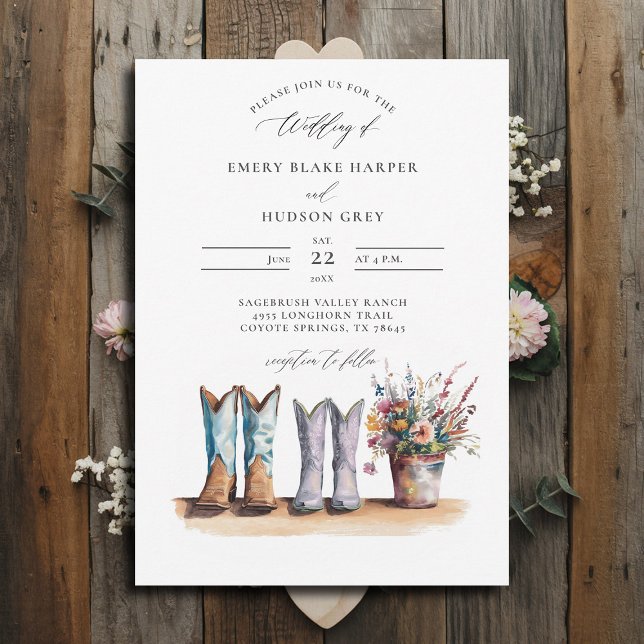 Convites Casamento Russo de Flores Selvagens-Ocidentais (country wedding invitation rustic western barn watercolor cowboy boots wildflowers calligraphy)