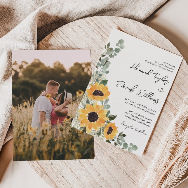 Convites Casamento Russo de Foto Sunflower Eucalyptus (Criador carregado)