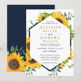Convites Casamento Russo de Girassol Azul Marinho de Aquare