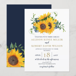Convites Casamento Russo de Girassol Azul Marinho de Aquare