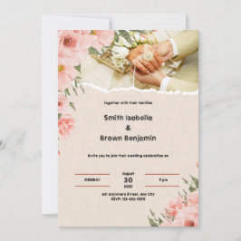 Convites Casamento Russo de Índio com Borda Floral Rosa e C