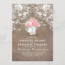 Convites Casamento Russo de Lace Burlap Pink Peonies Mason