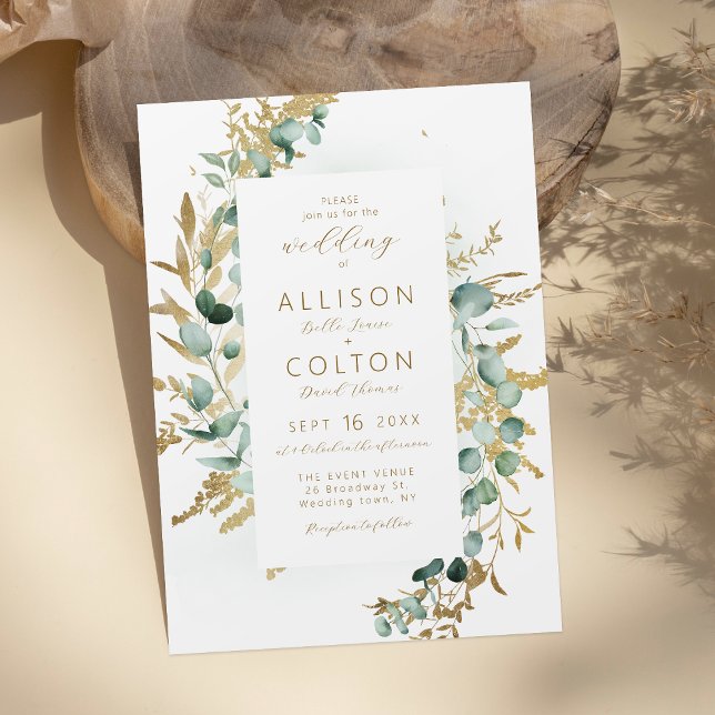 Convites Casamento russo de ouro eucalipto verde boho (Rustic eucalyptus gold greenery boho wedding invitation)
