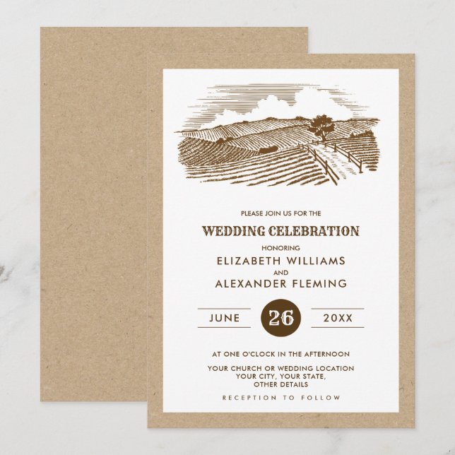 Convites Casamento Russo de Papel Kraft da fazenda (Frente/Verso)