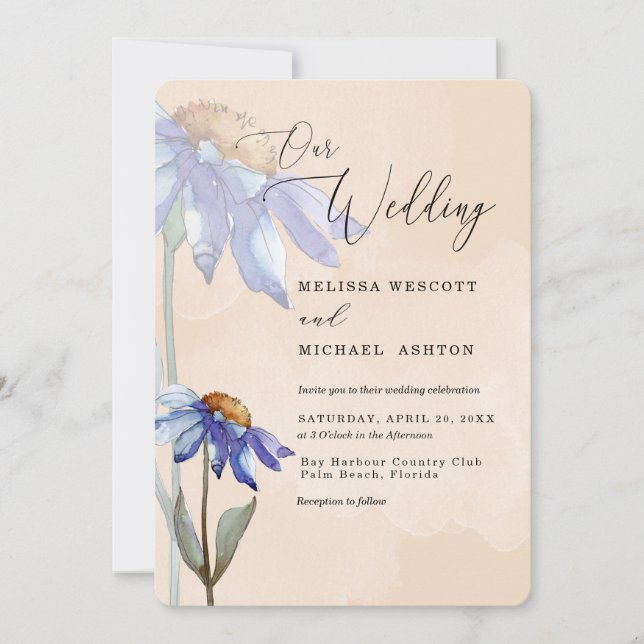 Convites Casamento Russo De Pêssego Azul Púrpura E Aquarela (Frente)