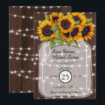 Convites Casamento russo do celeiro de madeira girassol<br><div class="desc">Convite para o casamento no verão ou no outono com um belo buquê amarelo vibrante de girassóis, um grande pote de maçonaria transparente e cordas de luzes cintilantes num fundo castanho-escuro de madeira. O convite é adequado para quintais de jardim ao ar livre / país rústico / casamentos noturnos de...</div>