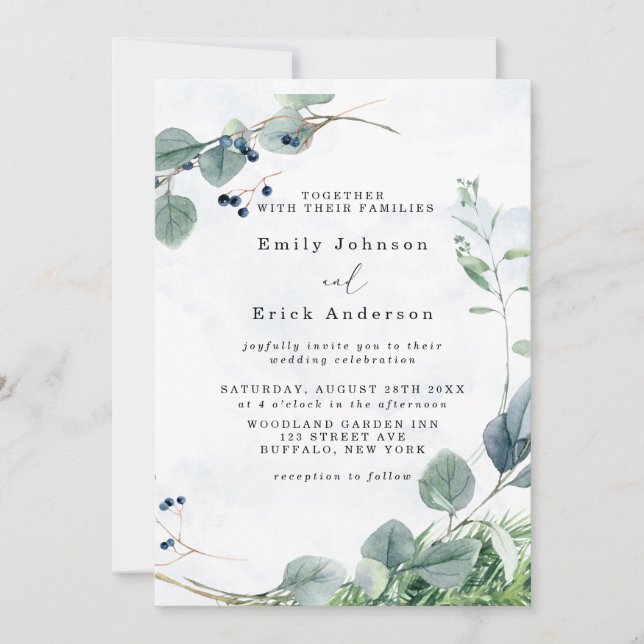Convites Casamento Russo Dusty Blue Eucalyptus Greenery (Frente)