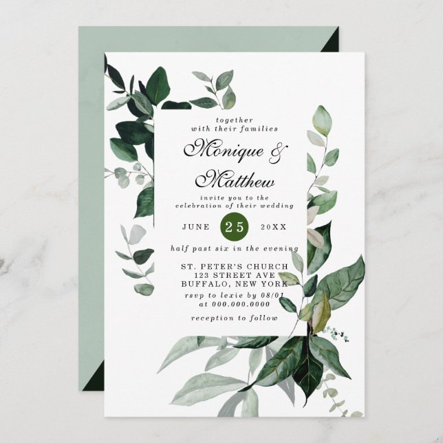 Convites Casamento Russo Elegante Eucalyptus Greenery Airy (Frente/Verso)