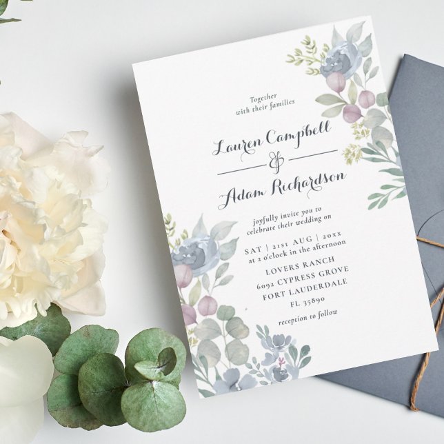 Convites Casamento Russo Eucalyptus Floral Dusty Blue (Criador carregado)