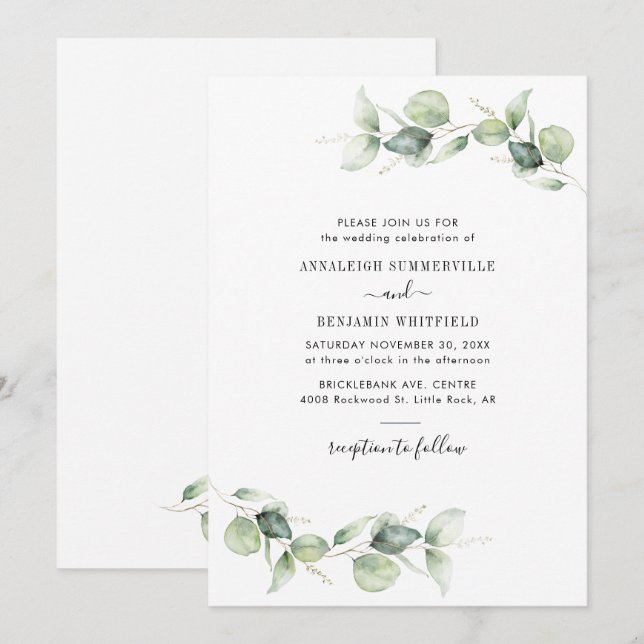 Convites Casamento Russo Eucalyptus Foliage (Frente/Verso)