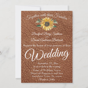 Convites Casamento Russo Faux Brown Leather Ouro Sunflower