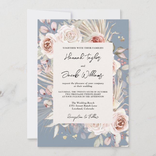 Convites Casamento Russo Floral Azul Dusty (Frente)