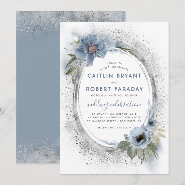 Convites Casamento Russo Floral de Dusty Blue & Silver (Frente/Verso)
