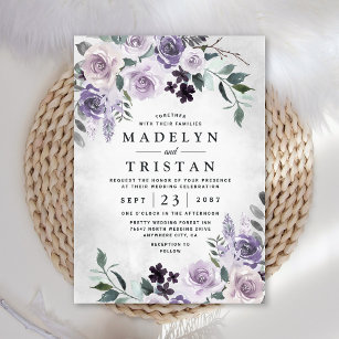 Convites Casamento Russo Floral de Dusty Purple e Cinzas Pr