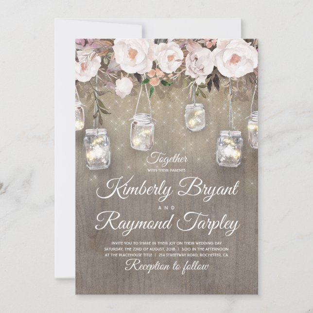 Convites Casamento Russo Floral de Mason Jar Lights (Frente)