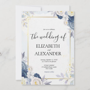 Convites Casamento Russo Floral Dourado e Azul