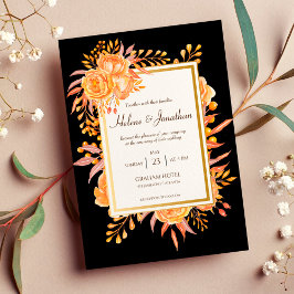 Convites Casamento Russo Floral Elegante Negro Terracotta
