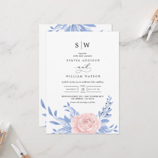 Convites Casamento Russo Floral Rosa-Rosa-Elegante Azul-Dus