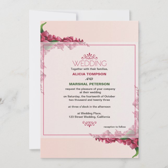 Convites Casamento Russo Floral Vermelho e rosa claro (Frente)