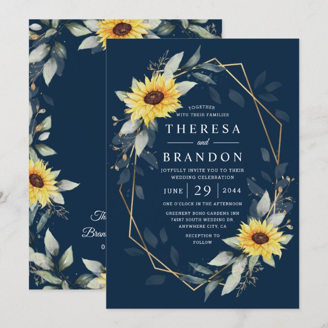 Convites Casamento Russo Geométrico de Girassol e Marinho A (Frente/Verso)