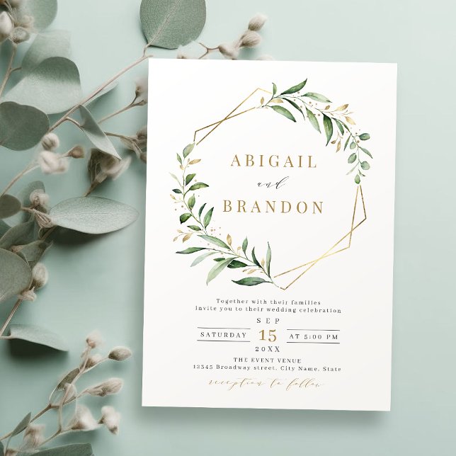 Convites Casamento Russo Geométrico Dourado do Verde Modern (Modern Greenery Gold Geometric Rustic Wedding Invitation)