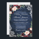 Convites Casamento Russo Madeira Azul Borgonha Azul Floral<br><div class="desc">Rústica Lace Watercolor Burgundy Marsala Blue Floral Casamento</div>