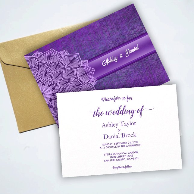 Convites Casamento Russo Mandala, Script Roxo Chic Elegante (Criador carregado)