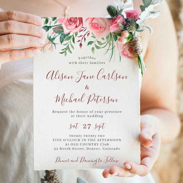 Convites Casamento russo moderno de cor-d-água floral burgu (Criador carregado)