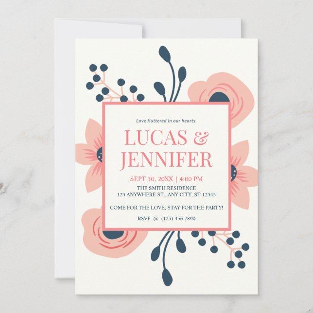 Convites Casamento Russo Peach Cream e Flores Azuis (Frente)