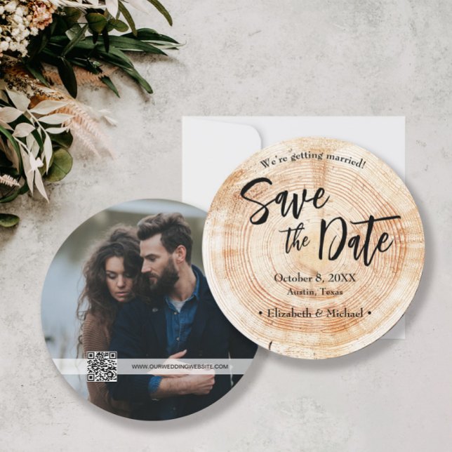 Convites Casamento russo Salve a data Foto com website (Rustic elegant wood cut slice design, wedding photo save the date qr code website)