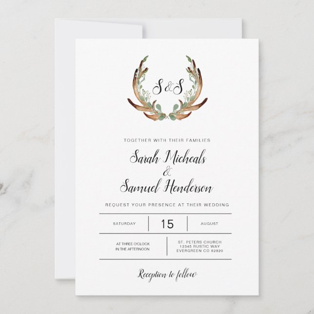 Convites Casamento Rustic Antler & Dark Greenery Watercolor (Frente)