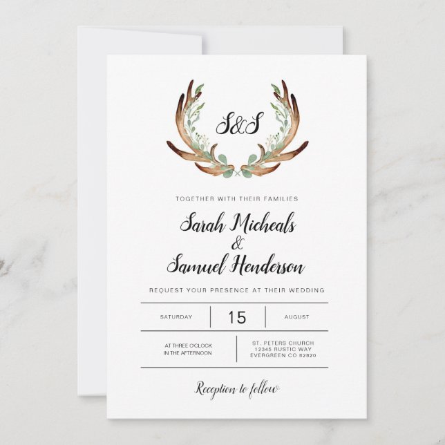Convites Casamento Rustic Antler & Greenery Watercolor (Frente)