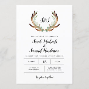 Convites Casamento Rustic Antler & Greenery Watercolor