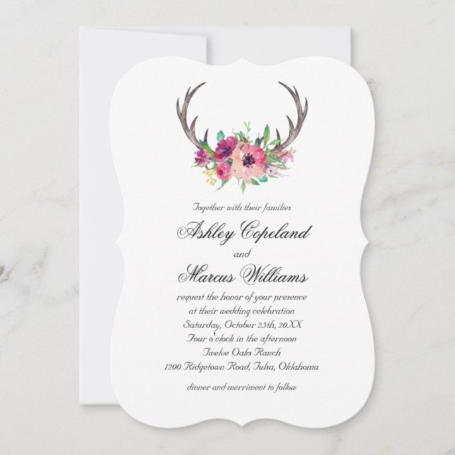 Convites Casamento Rustic Antlers Boho Floral Allure (Frente)