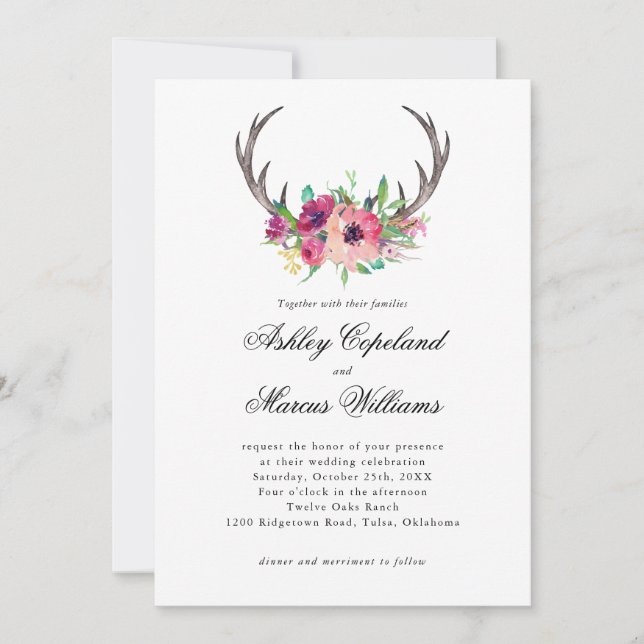 Convites Casamento Rustic Antlers Boho Floral Allure (Frente)