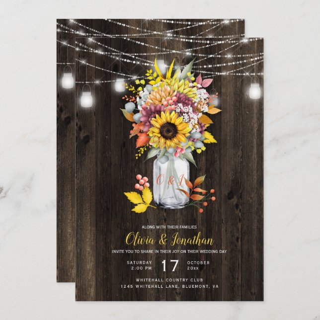 Convites Casamento Rustic Autumn Floral Mason Jar Barn Wood (Frente/Verso)