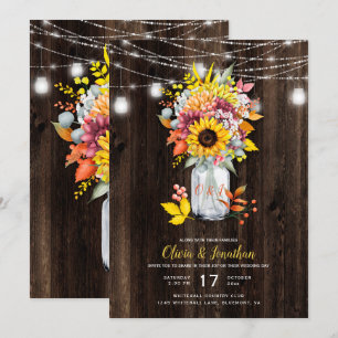 Convites Casamento Rustic Autumn Floral Mason Jar Barn Wood