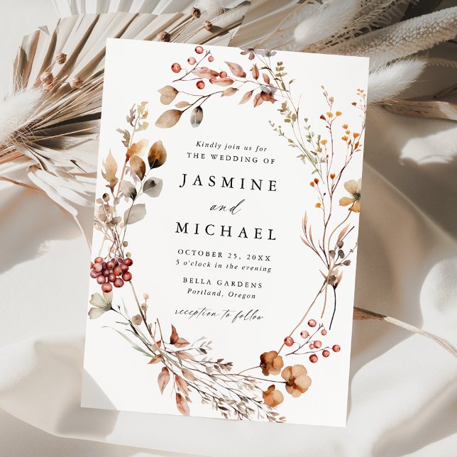 Convites Casamento Rustic Autumn Floral Wreath (Criador carregado)