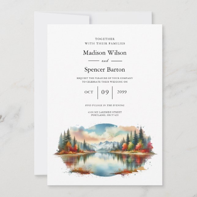 Convites Casamento Rustic Autumn Lakeside Forest (Frente)