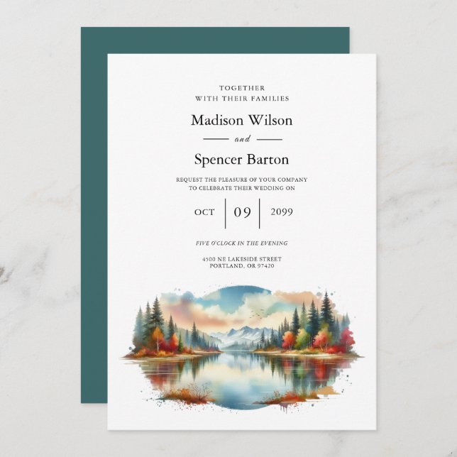 Convites Casamento Rustic Autumn Lakeside Forest (Frente/Verso)