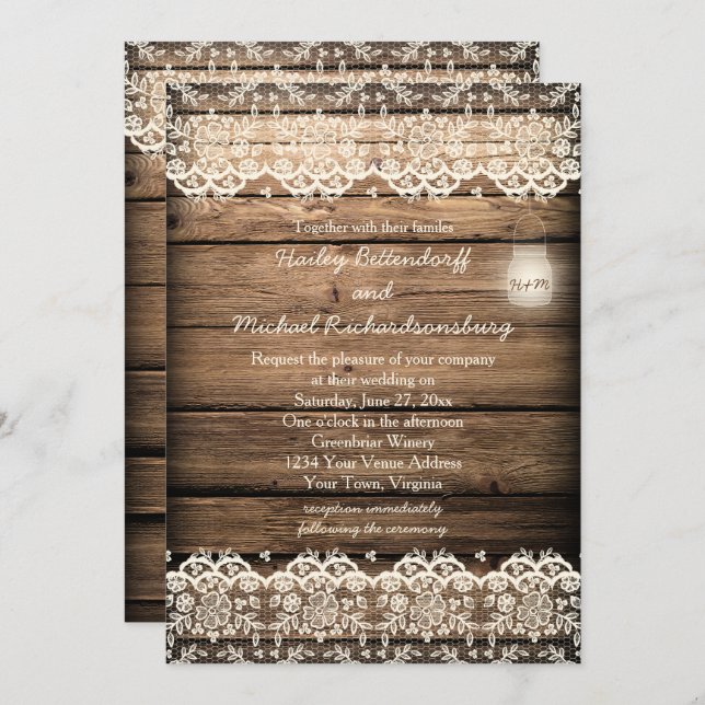 Convites Casamento Rustic Barn Wood Lace Mason Jar (Frente/Verso)