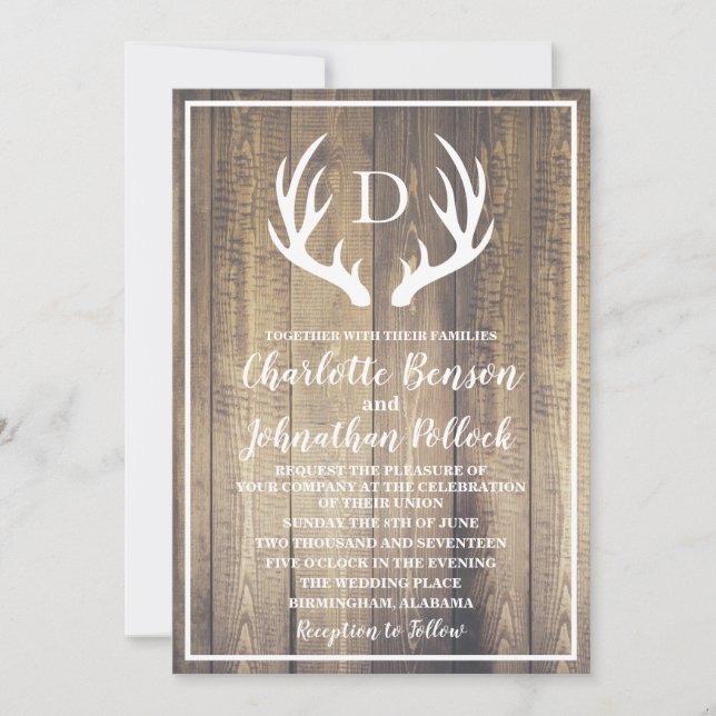 Convites Casamento Rustic Barn Wood & White Deer Antlers (Frente)