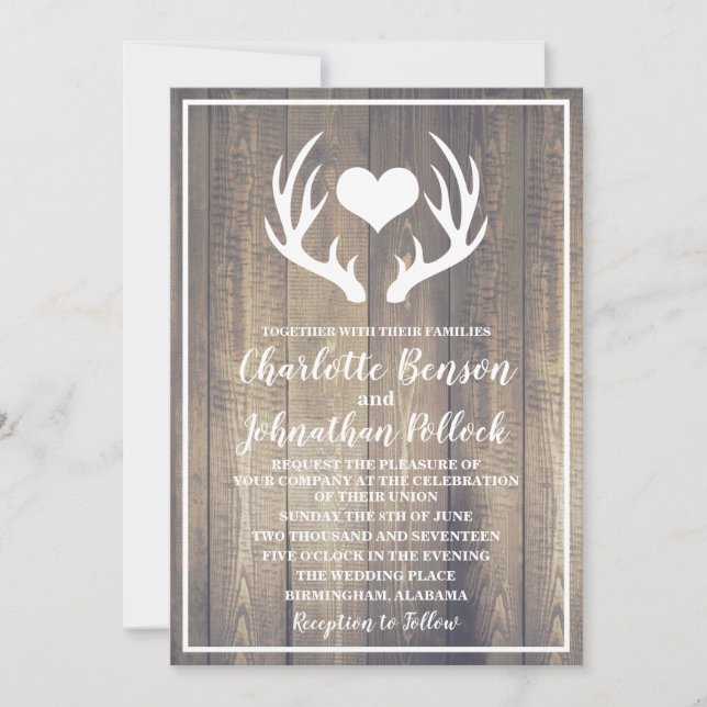 Convites Casamento Rustic Barn Wood & White Deer Antlers (Frente)
