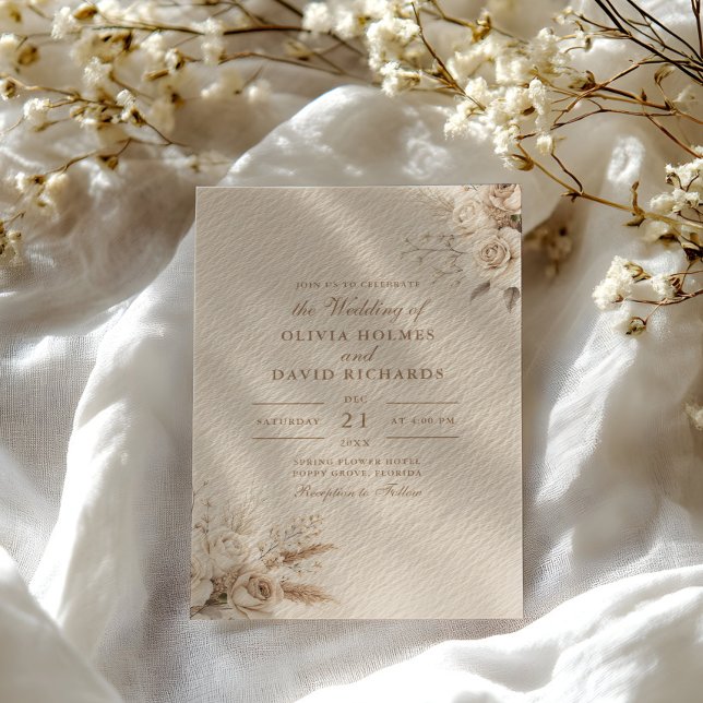 Convites Casamento Rustic Beige Dried Flower & White Roses (Rustic Beige Dried Flower & White Roses Wedding Invitation on a sunny table with white dry flowers.)