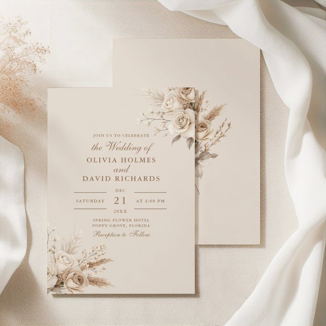Convites Casamento Rustic Beige Dried Flower & White Roses (Rustic Beige Dried Flower & White Roses Wedding Invitation on an elegant silky tablecloth.)