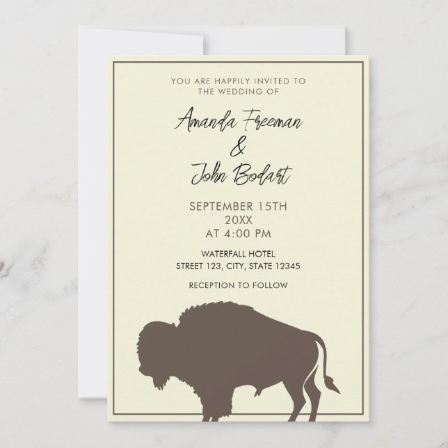 Convites Casamento Rustic Beige e Brown Buffalo Bison (Frente)