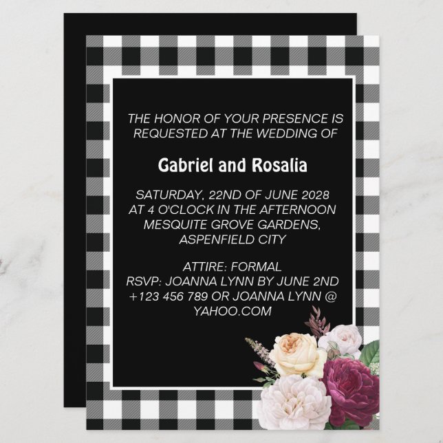 Convites Casamento Rustic Black and White Buffalo Check (Frente/Verso)