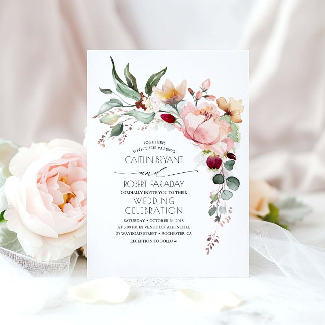 Convites Casamento Rustic Bloom e Faux Rosa Gold Foil (Watercolor Flowers Rose Gold Foliage Wedding Invitation)