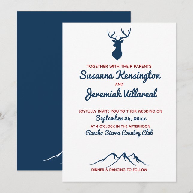 Convites Casamento Rustic Blue and Red Deer Country Mountai (Frente/Verso)
